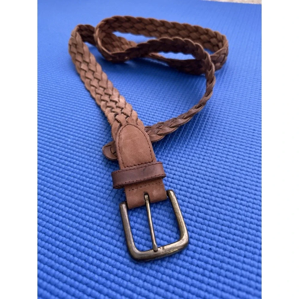 Women's Brown Genuine Leather Braided Belt Size 38/90 Adjustable Buckle